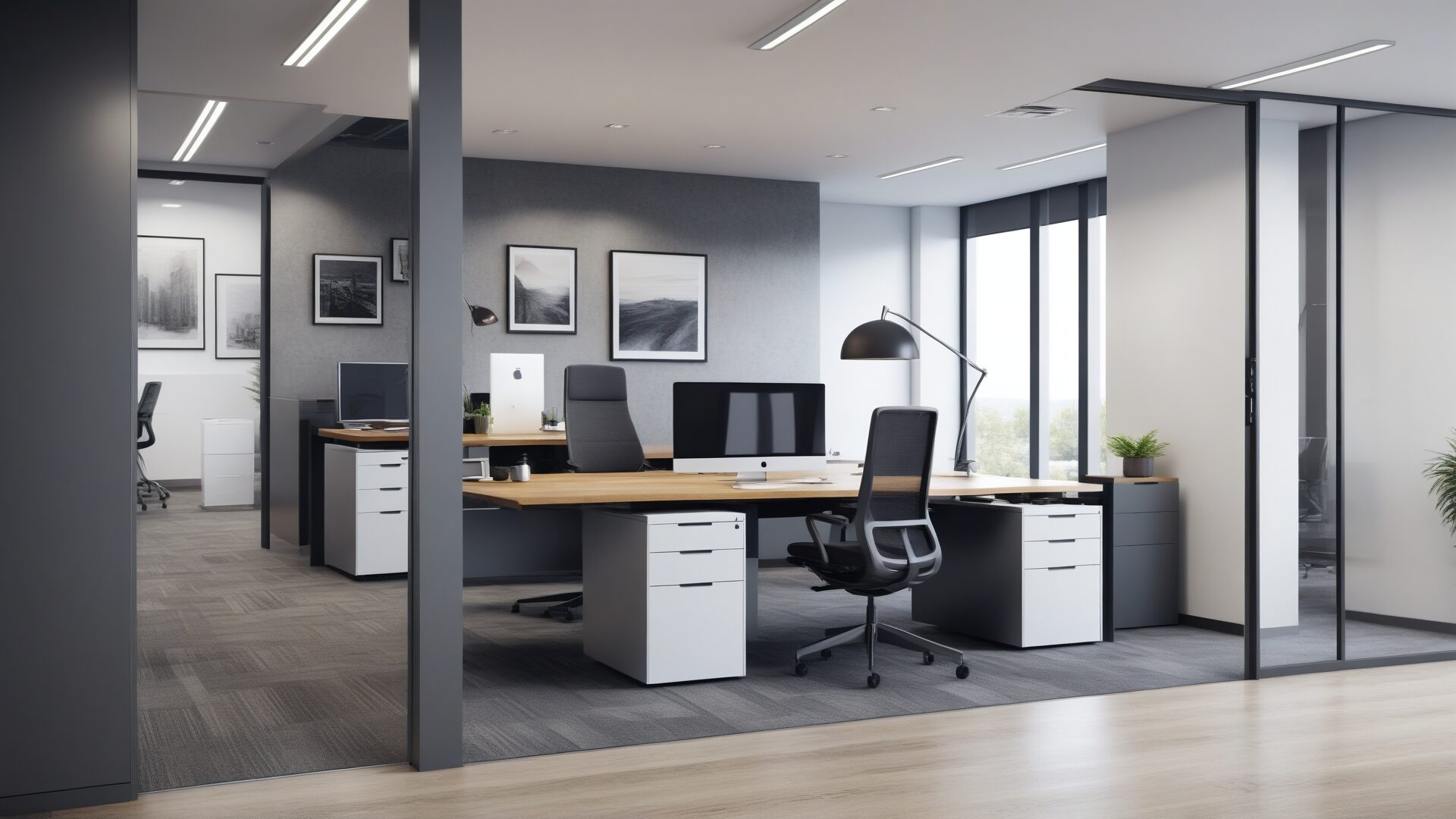 A very large conference space is opened up to show that all 3 rooms can be combined into one space and system. We are sitting in the Conference Room B side looking over the table towards the other 2 spaces