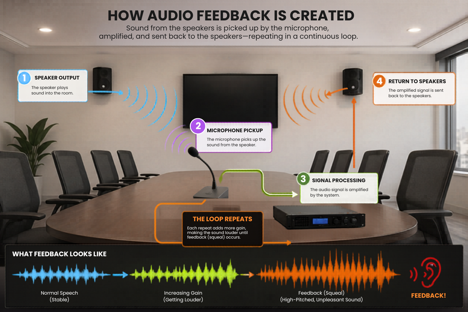 An infographic demonstrates how audio feedback in board rooms and other setups occur.