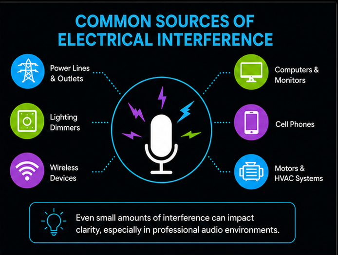 A graphic demonstrates the different sounds and causes of electrical interference in microphones.